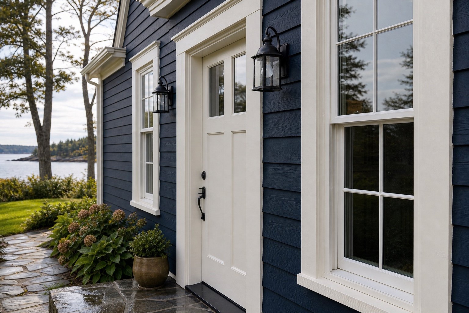 Navy coastal home exterior with white trim by the water
